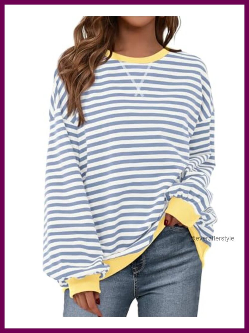 Oversized Striped Crewneck Sweatshirt Women Lantern Sleeve Loose Fit